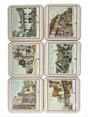 1970s ☕ Pimpernel "Old English Inns" Cork Back Coasters (Set of 6) Vintage MCM